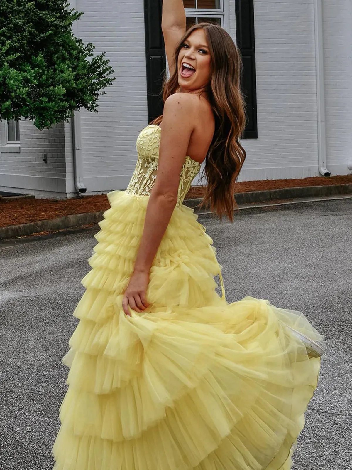 Yellow Tiered Lace Prom Dress Sweeheart A Line Tulle Formal Gown sold by My Chic Dress product image thumbnail 4