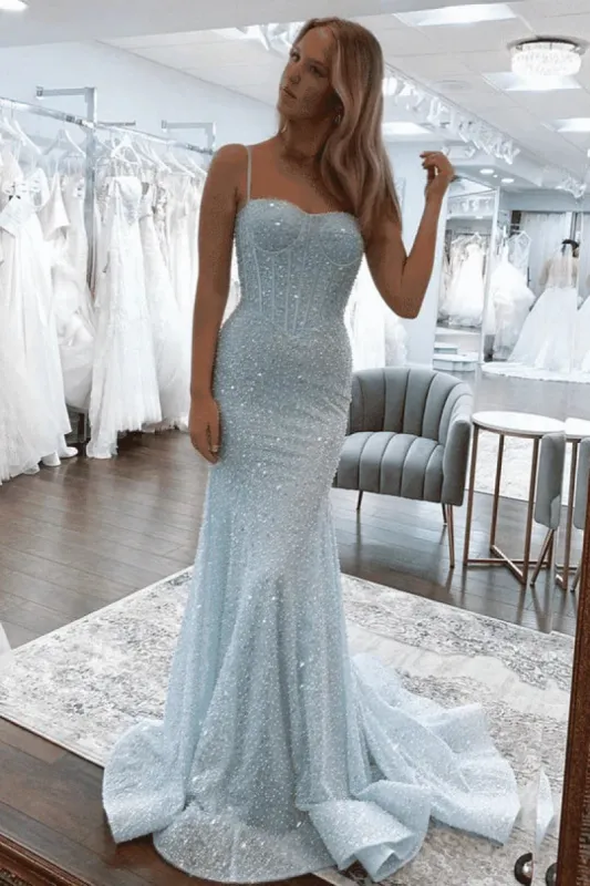 Glitter Blue Prom Formal Dress Long Mermaid Spaghetti Straps sold by My Chic Dress