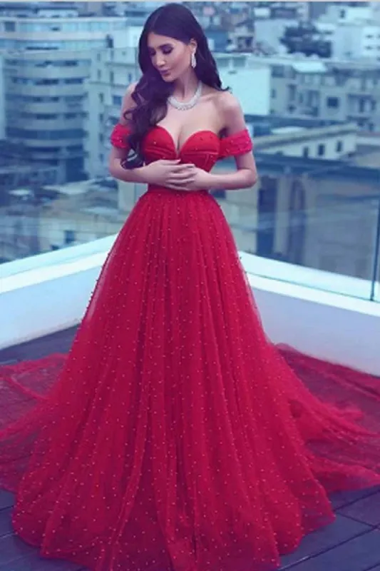 Elegant Red Wedding Dress Beach Off Shoulder A-Line Evening Dress with Pearls sold by My Chic Dress