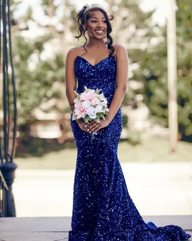 Glitter V Neck Evening Dress Royal Blue Mermaid Wedding Guest Gown sold by My Chic Dress