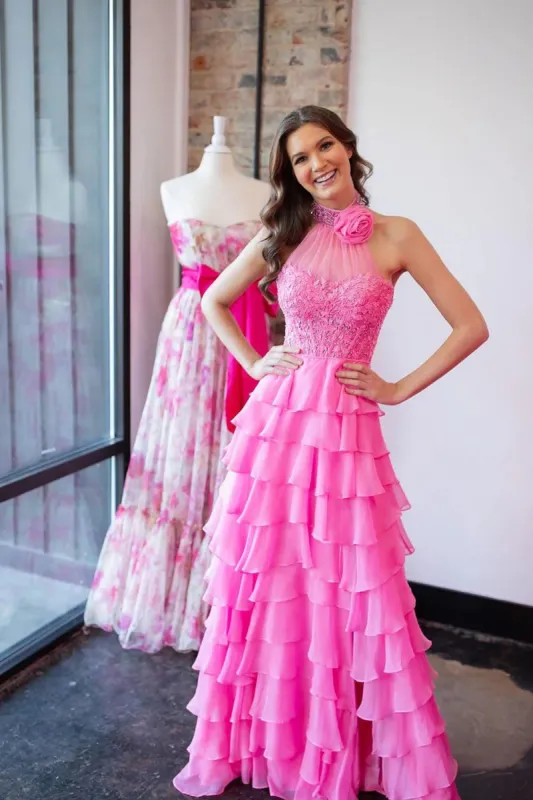 Halter Corset Hot Pink Prom Dresses Appliques Tiered Tulle with Beaded sold by My Chic Dress