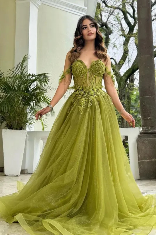 Green Off The Shoulder Prom Dress Corset Tulle Appliqued with Slit sold by My Chic Dress