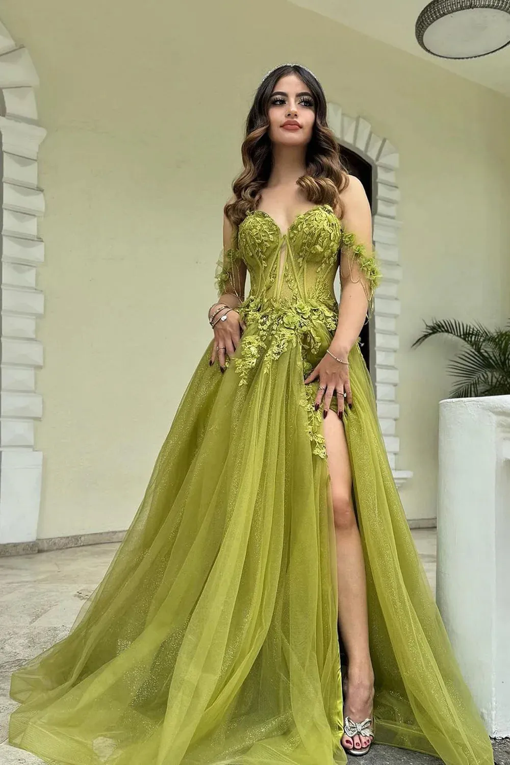 Green Off The Shoulder Prom Dress Corset Tulle Appliqued with Slit sold by My Chic Dress product image thumbnail 3