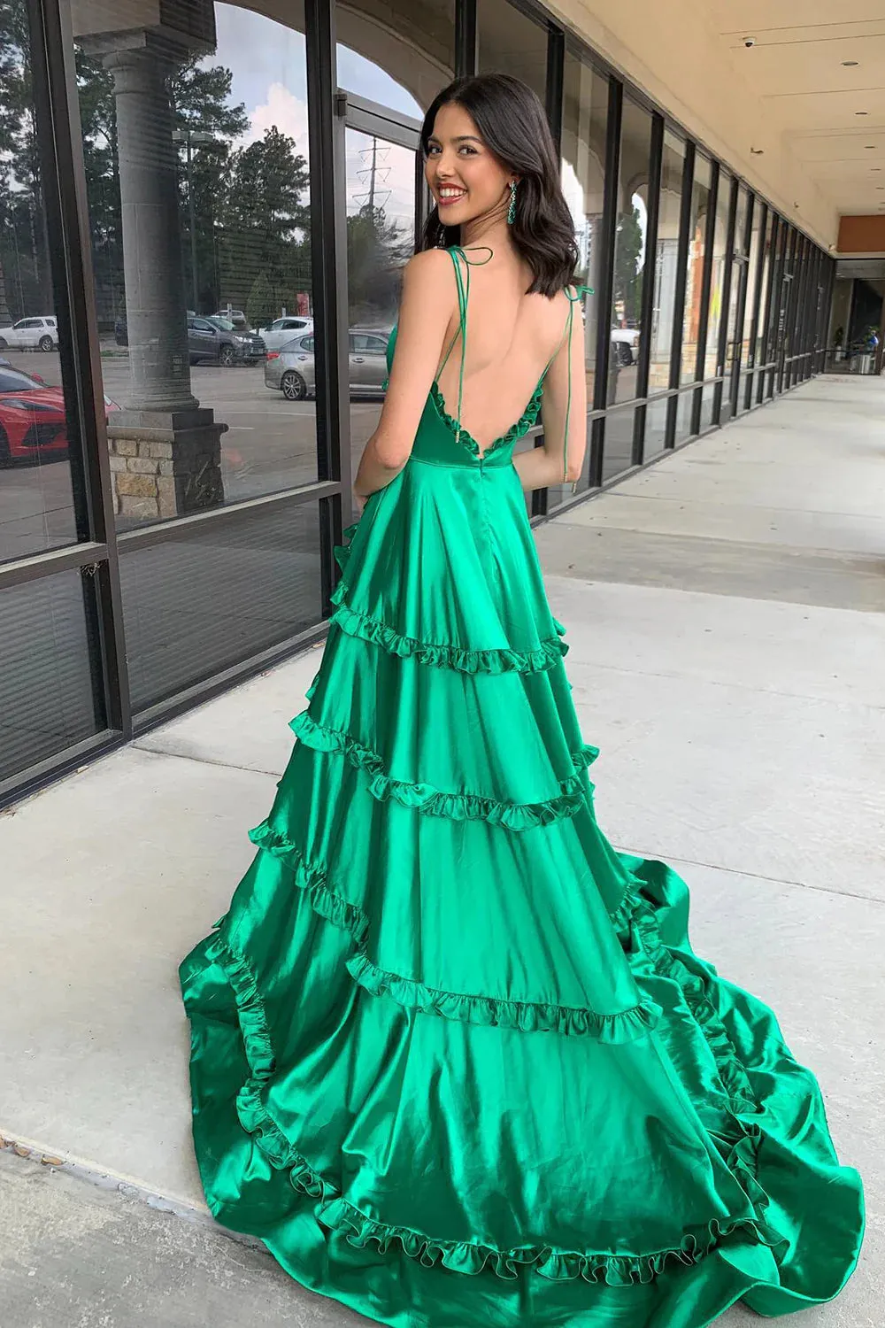 A Line Green Prom Dress Ruffles Spaghetti Straps with Slit sold by My Chic Dress product image thumbnail 2