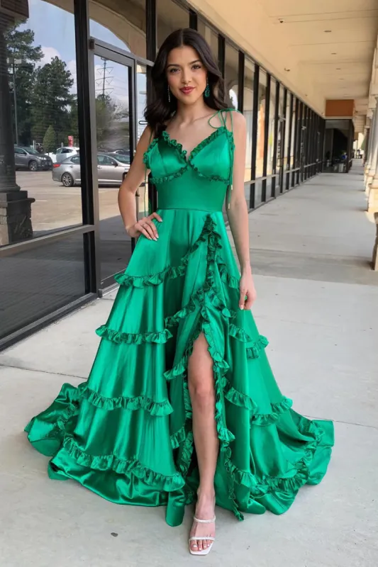 A Line Green Prom Dress Ruffles Spaghetti Straps with Slit sold by My Chic Dress