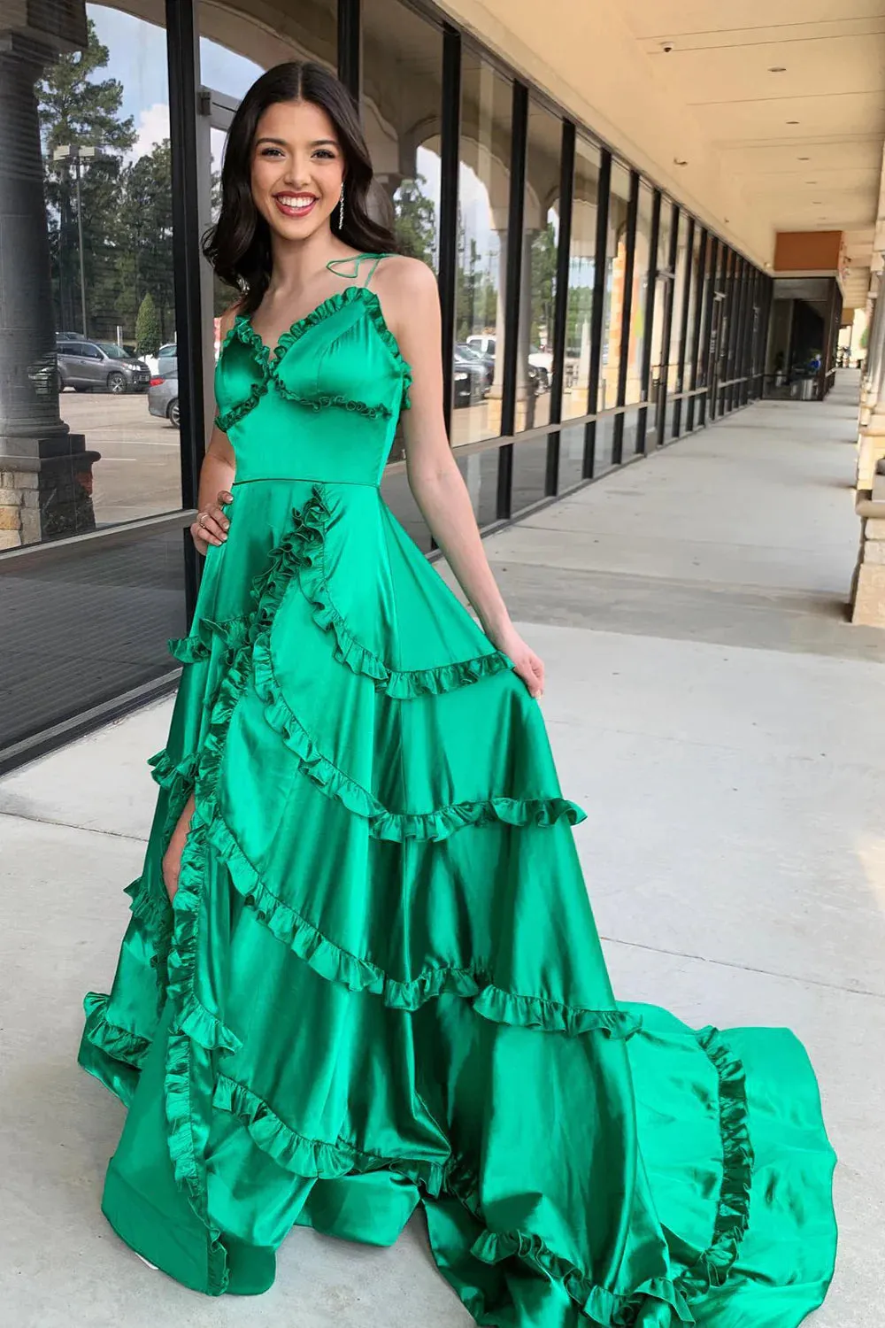 A Line Green Prom Dress Ruffles Spaghetti Straps with Slit sold by My Chic Dress product image thumbnail 3