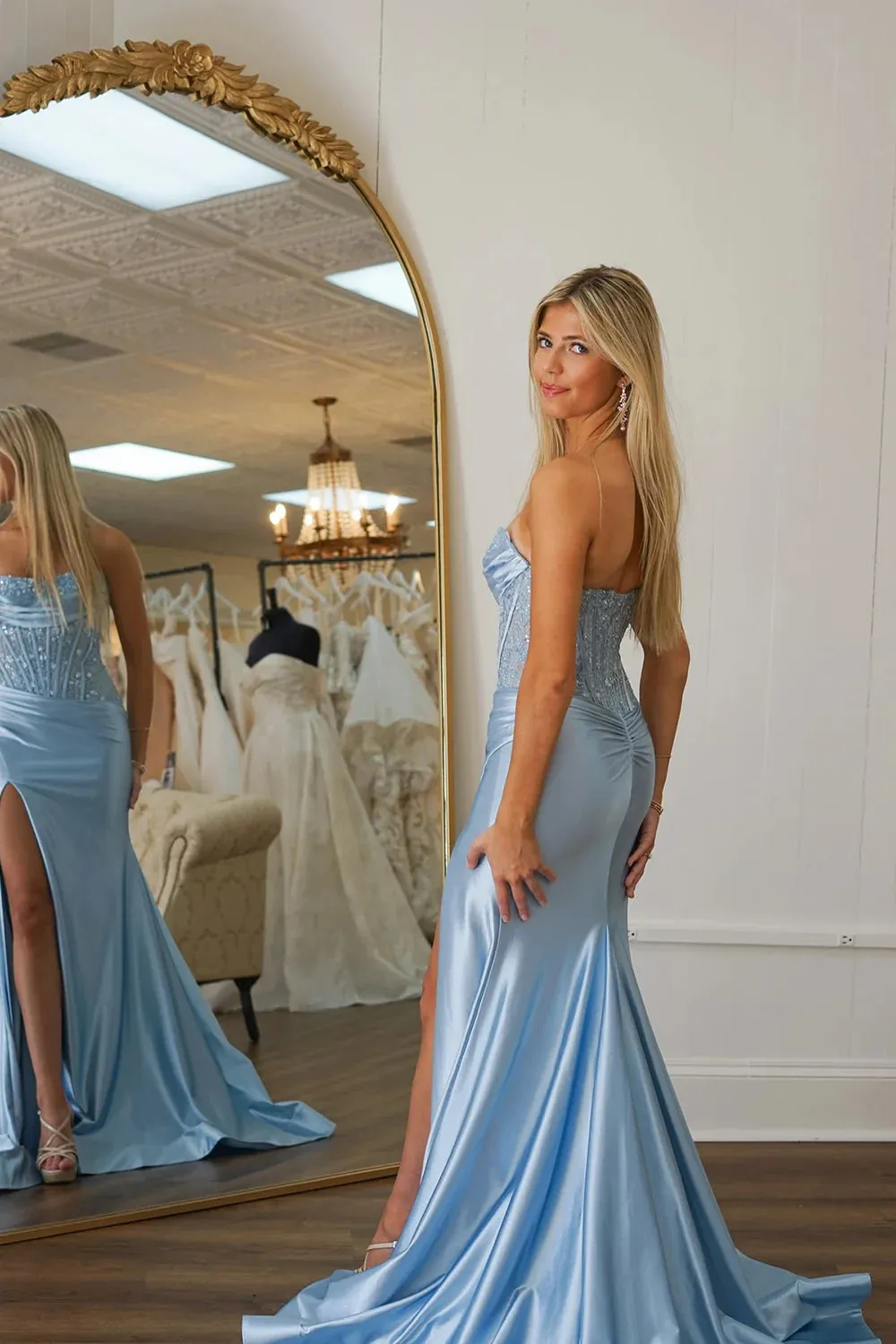 Glitter Mermaid Corset Blue Lace Prom Dress Near Me Beaded with Slit sold by My Chic Dress product image thumbnail 3
