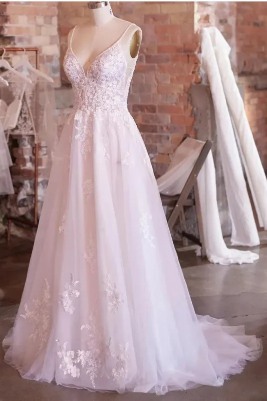 Spaghetti Straps Lace Boho Wedding Dress V Neck Beaded Styles sold by My Chic Dress