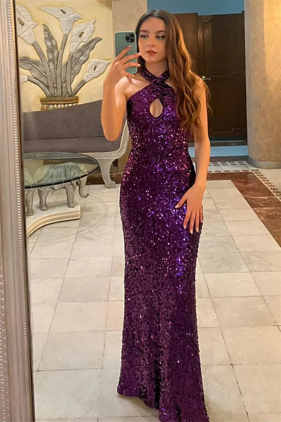 Sheath Purple Sequin Halter Prom Dress Long Sleeveless Open Back sold by My Chic Dress