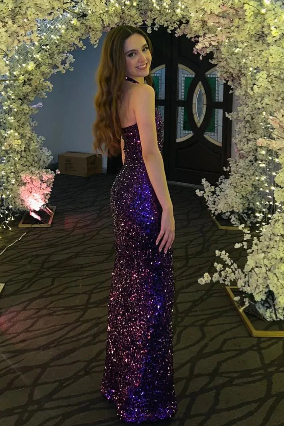 Sheath Purple Sequin Halter Prom Dress Long Sleeveless Open Back sold by My Chic Dress product image thumbnail 3