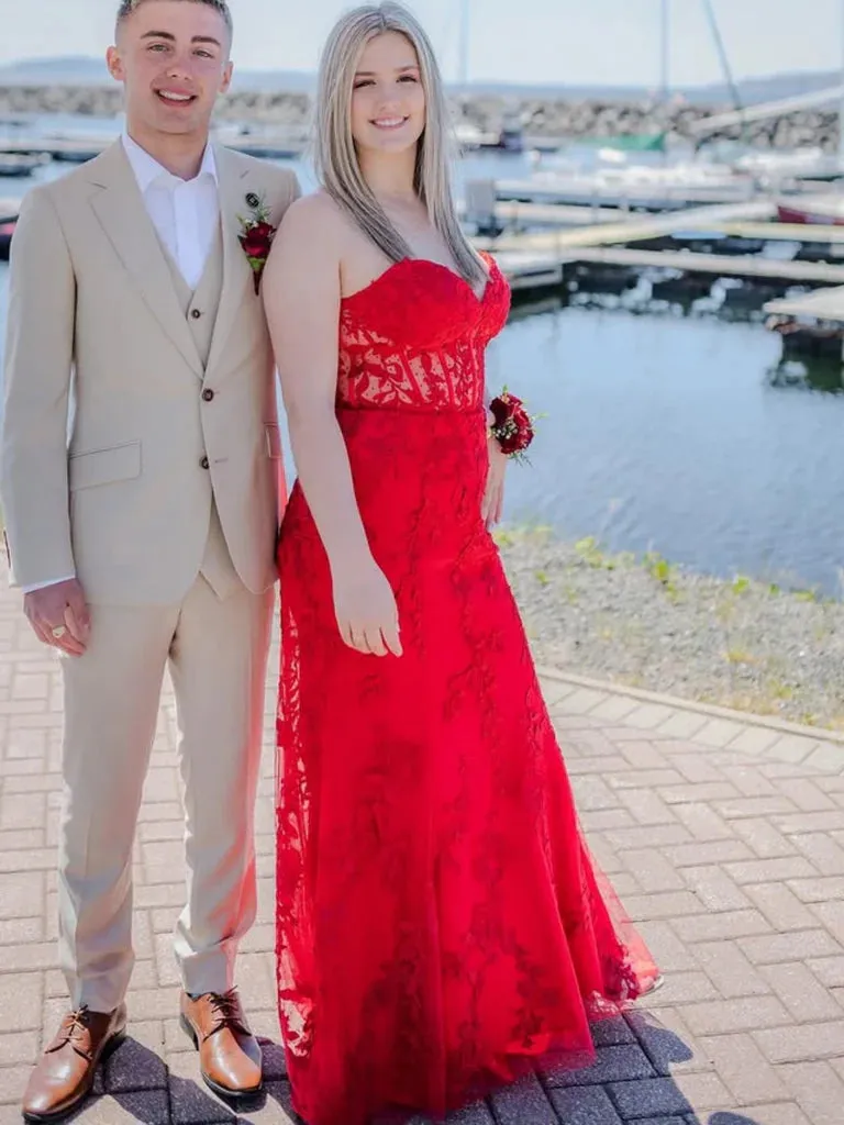 Strapless Red Prom Dresses Lace Sweetheart Long Evening Dress sold by My Chic Dress product image thumbnail 4