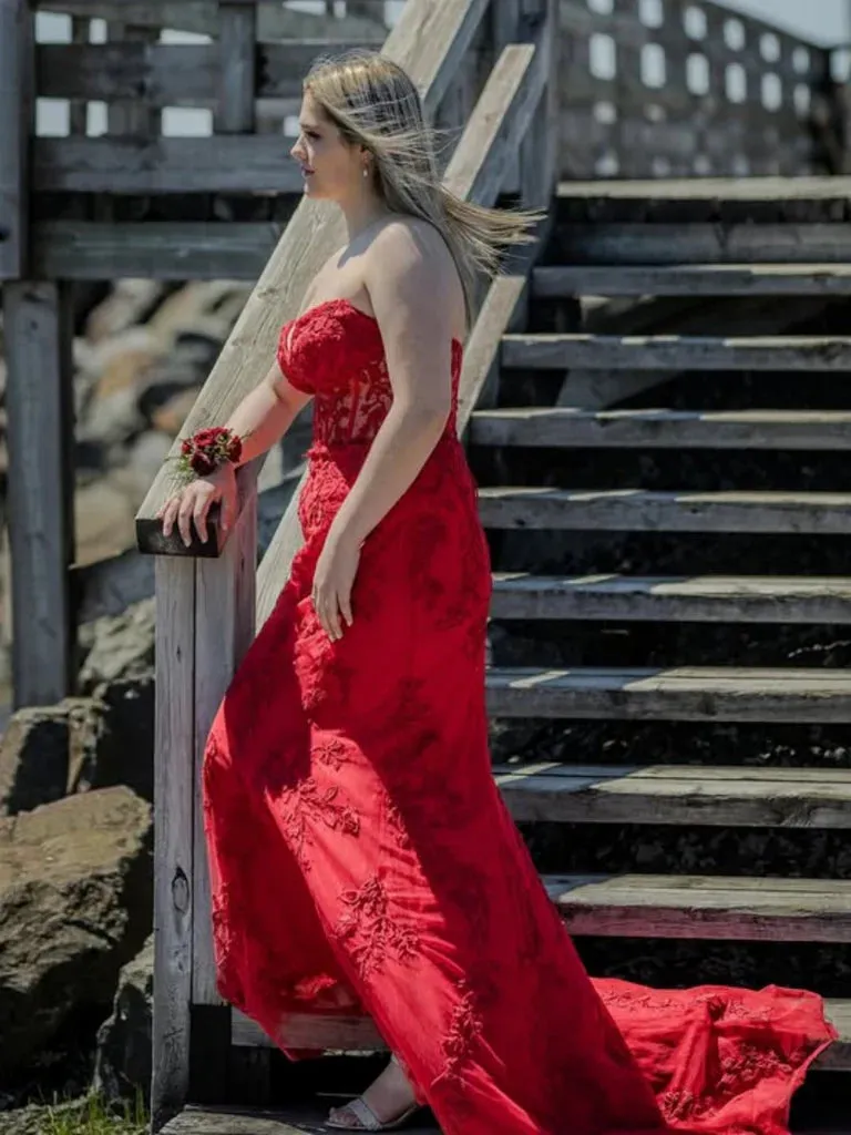 Strapless Red Prom Dresses Lace Sweetheart Long Evening Dress sold by My Chic Dress product image thumbnail 3