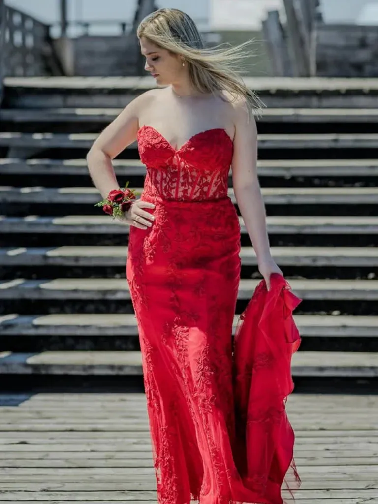 Strapless Red Prom Dresses Lace Sweetheart Long Evening Dress sold by My Chic Dress