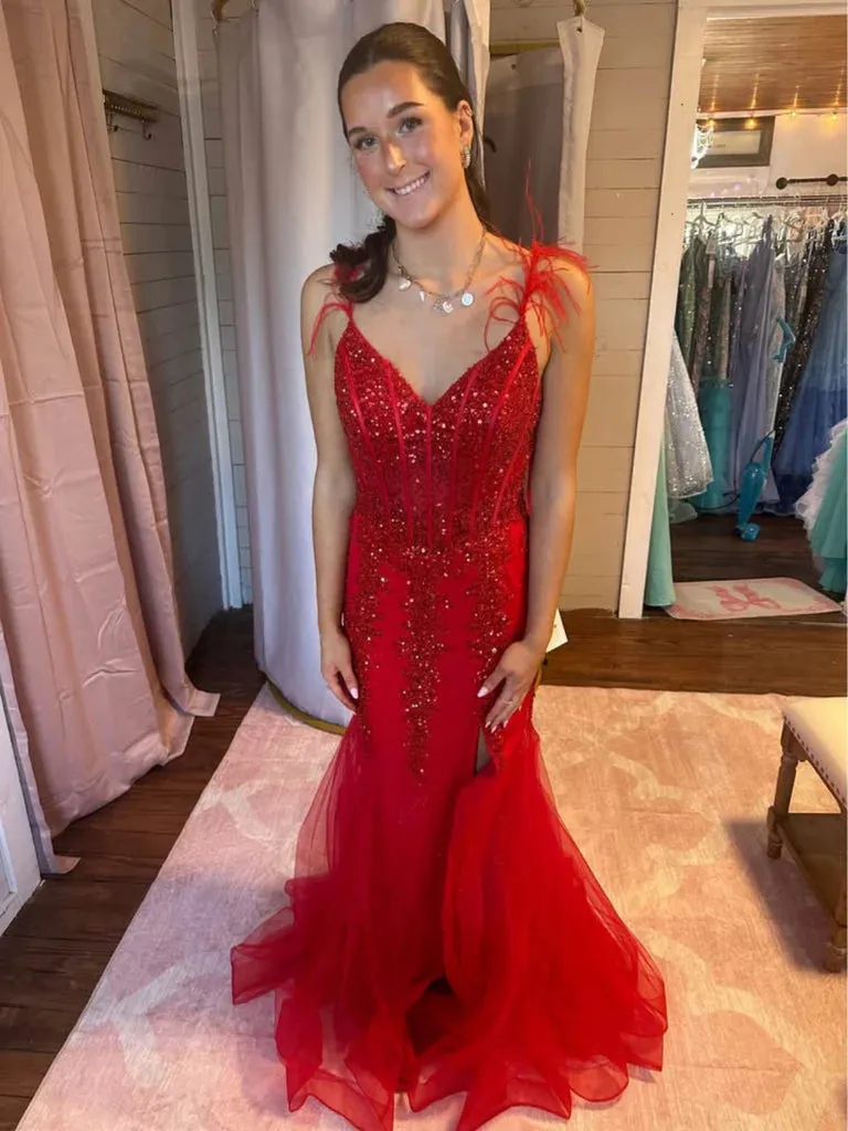 Red Lace Mermaid Prom Dresses V Neck Open Back Slit sold by My Chic Dress product image thumbnail 2