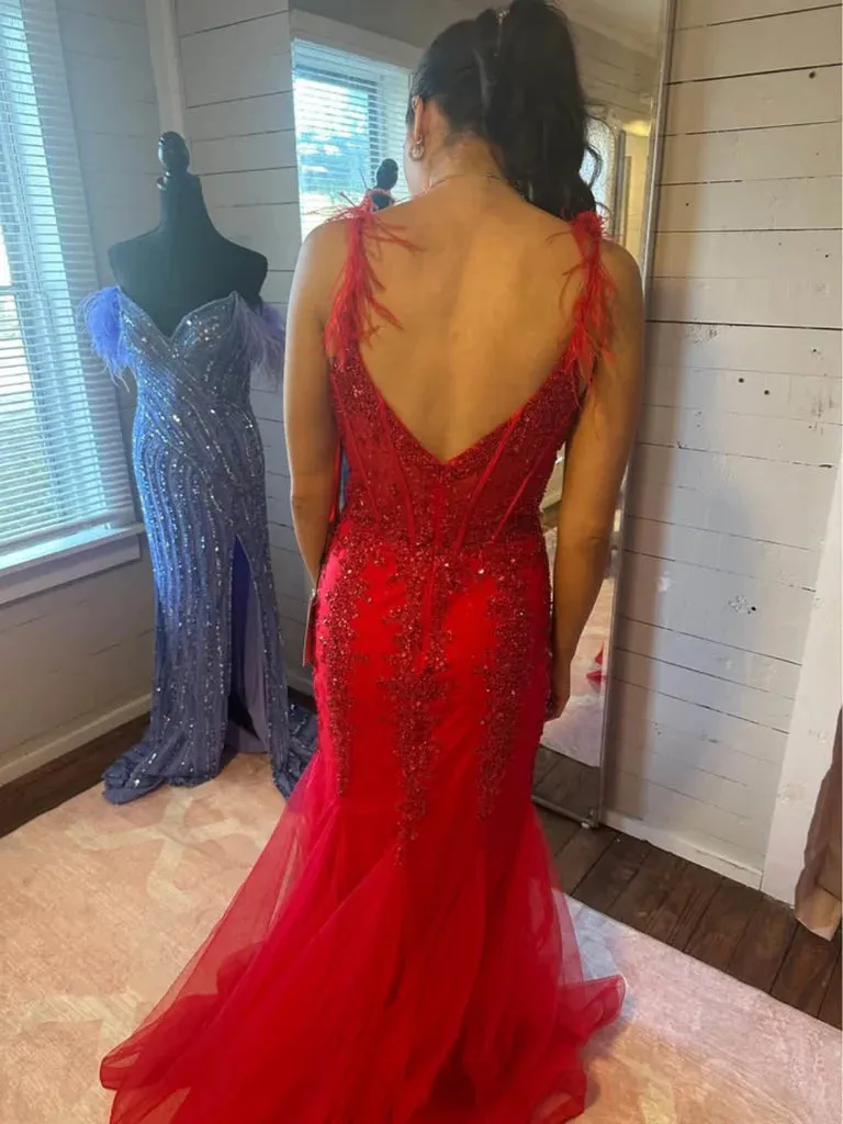 Red Lace Mermaid Prom Dresses V Neck Open Back Slit sold by My Chic Dress product image thumbnail 3