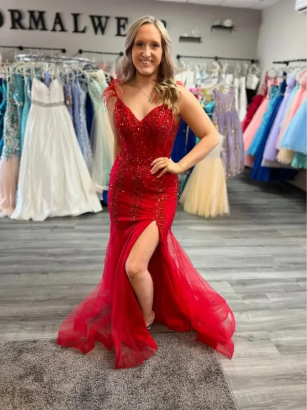 Red Lace Mermaid Prom Dresses V Neck Open Back Slit sold by My Chic Dress