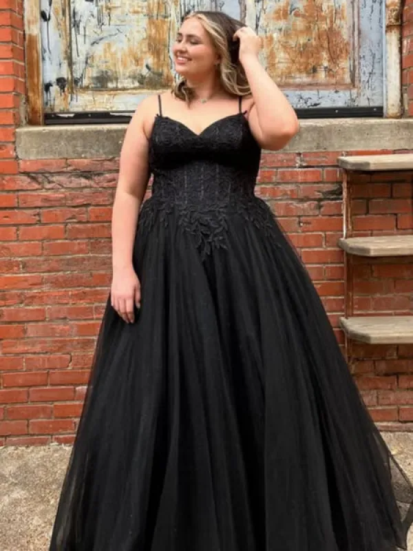 Plus Size Black Prom Dresses A Line V Neck Lace Evening Dress sold by My Chic Dress