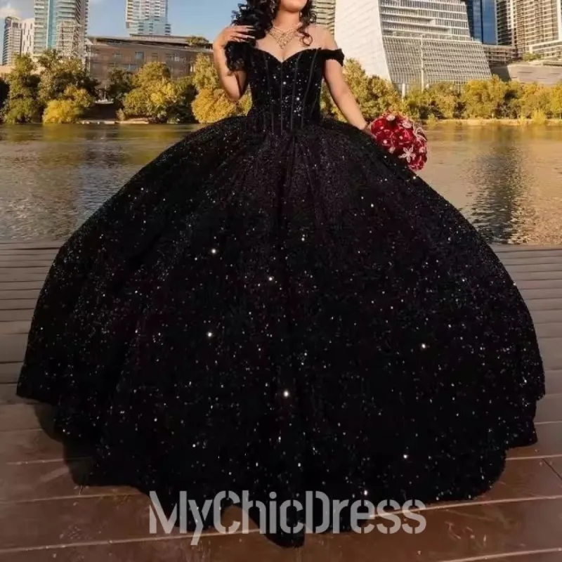 Off the Shoulder Sweet 15 Dresses Sequins Black Quince Dress sold by My Chic Dress