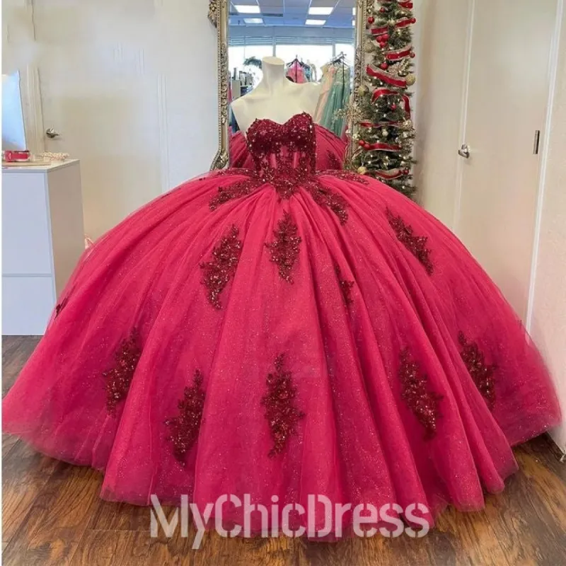 Hot Pink Quinceanera Dress Lace Appliques Beaded Sweet 16 Gown sold by My Chic Dress