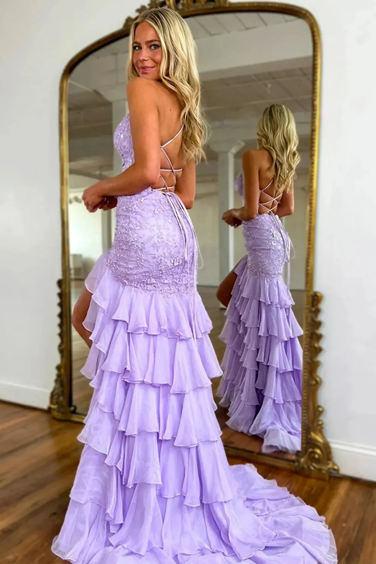 2025 Long Purple Mermaid Lace Formal Dress Lilac V Neck Backless sold by My Chic Dress product image thumbnail 2