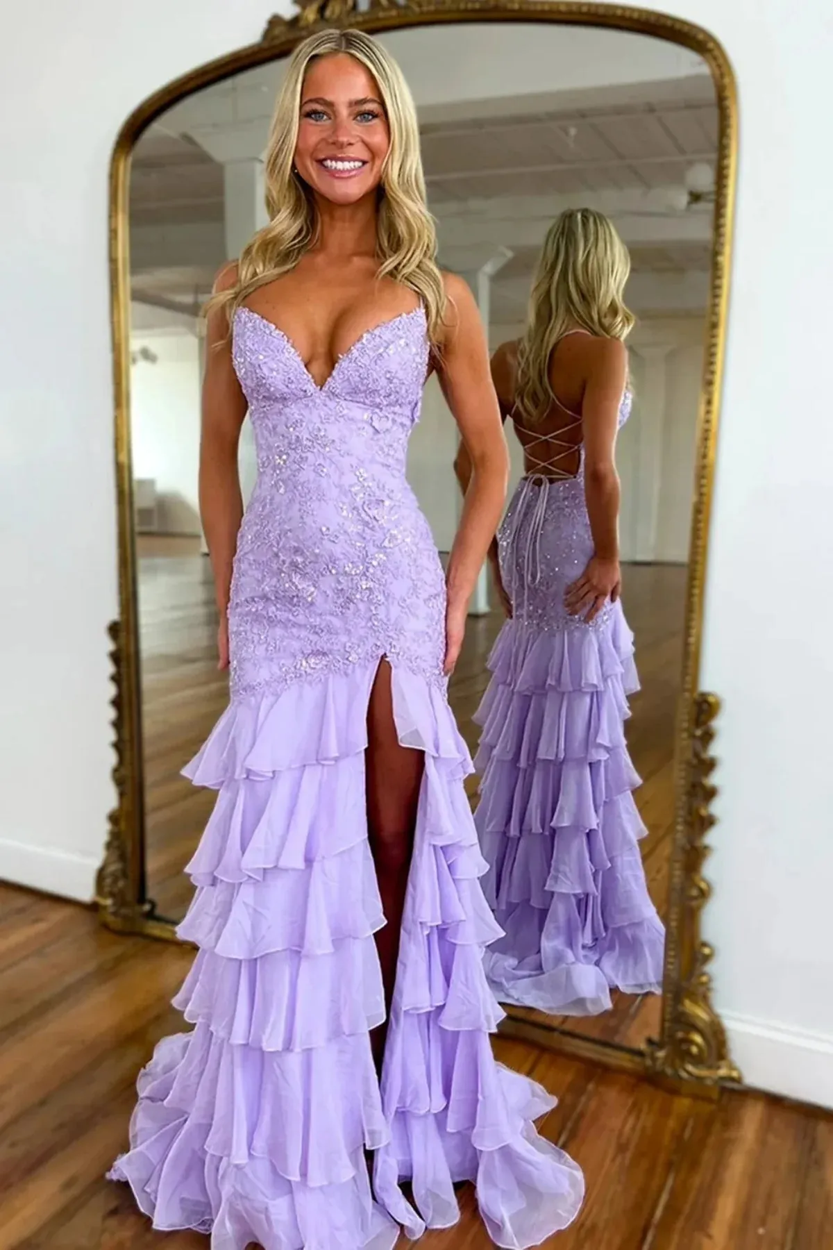 2025 Long Purple Mermaid Lace Formal Dress Lilac V Neck Backless sold by My Chic Dress