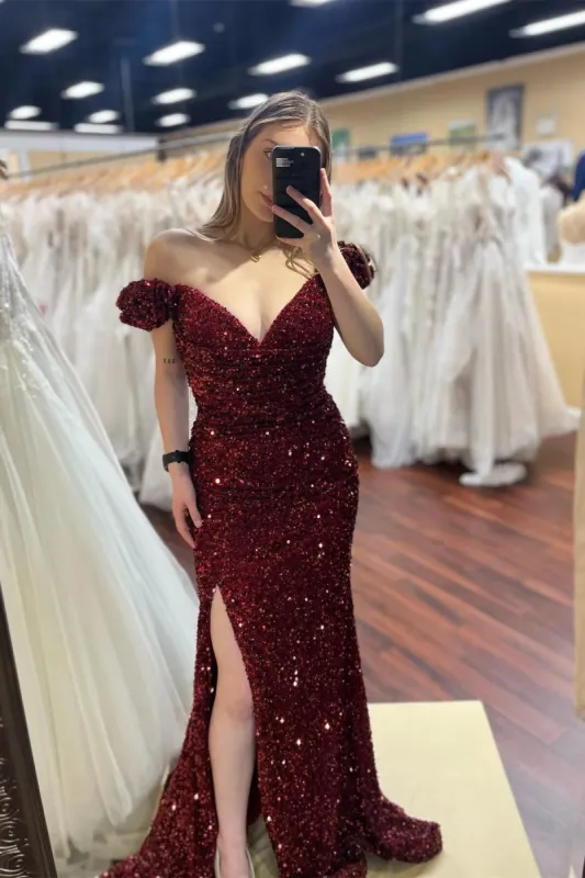 Hot Burgundy Prom Dress Sequin Mermaid Off the shoulder sold by My Chic Dress