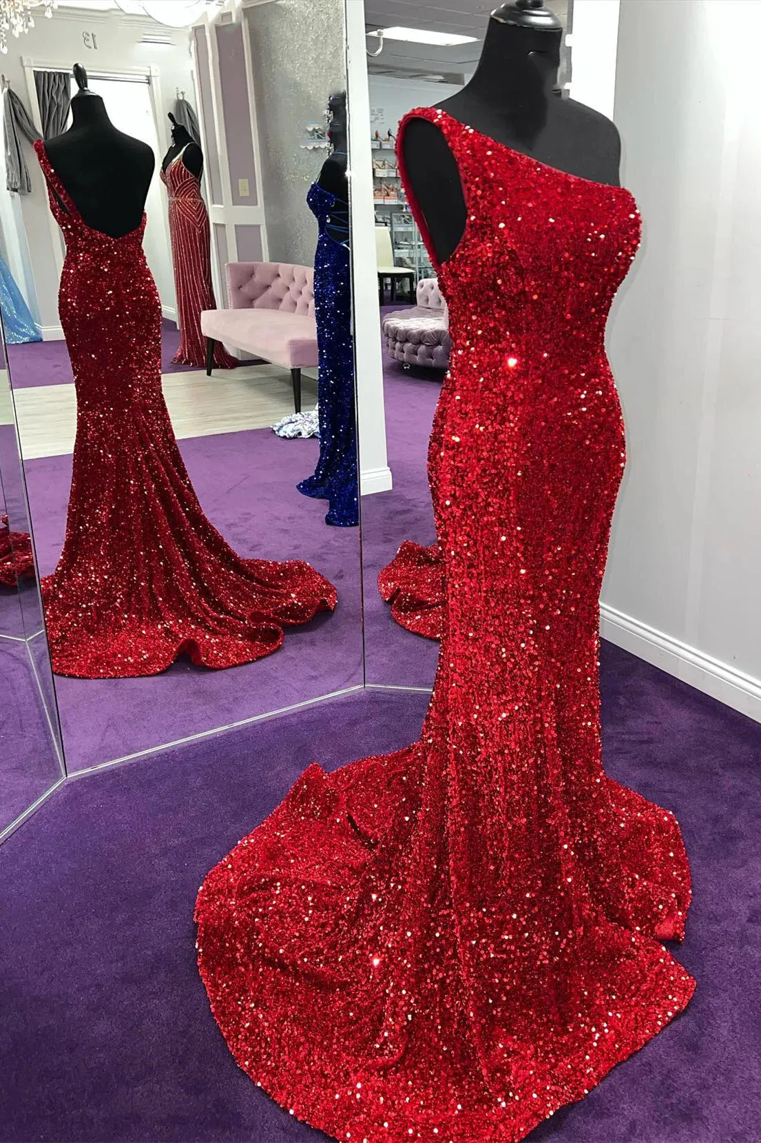 Long Mermaid Sequin Prom Dress Red One Shoulder sold by My Chic Dress