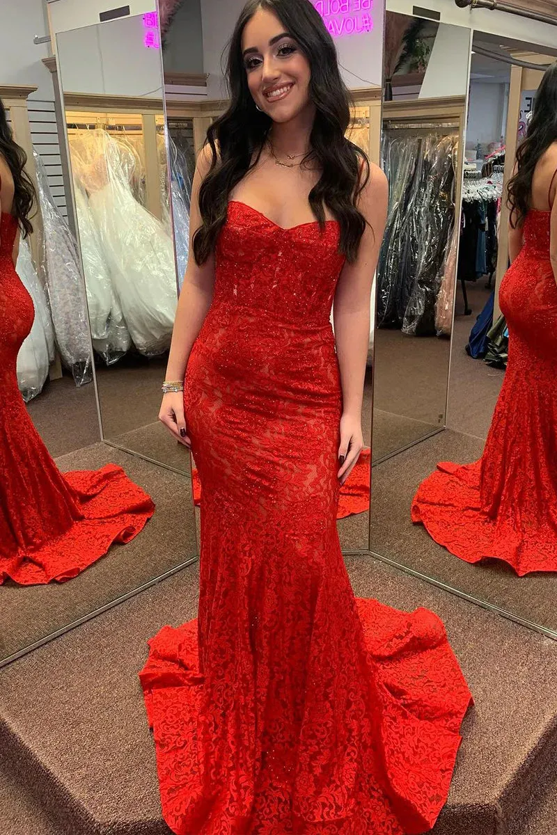 Red Lace Prom Dress Mermaid Sweetheart with Beaded sold by My Chic Dress