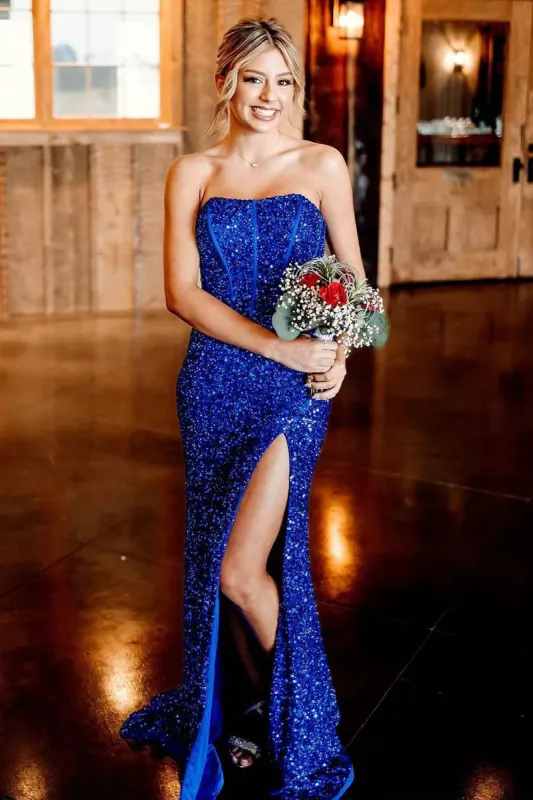 Strapless Sequins Royal Blue Prom Dress Mermaid Long Formal Gown Slit sold by My Chic Dress