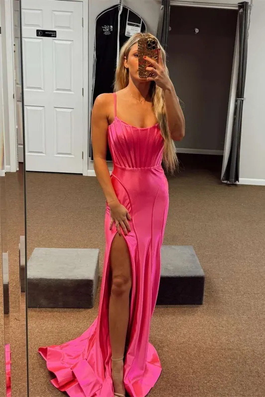 Straps 2025 Hot Pink Prom Dress Corset Long Fitted Formal Dress with Slit sold by My Chic Dress