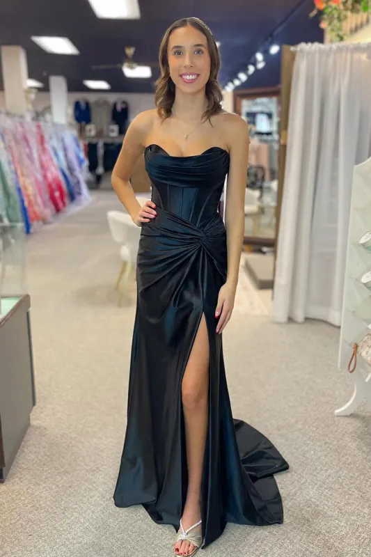 2025 Strapless Prom Dress Black Satin Mermaid Sweetheart Lace up Back sold by My Chic Dress