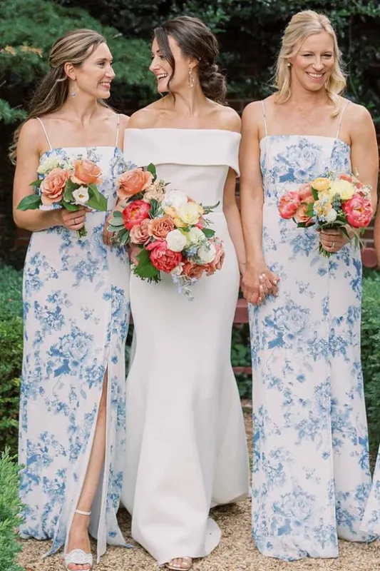 Long Blue Beach Floral Bridesmaid Dress Print Spaghetti Strap with Slit sold by My Chic Dress