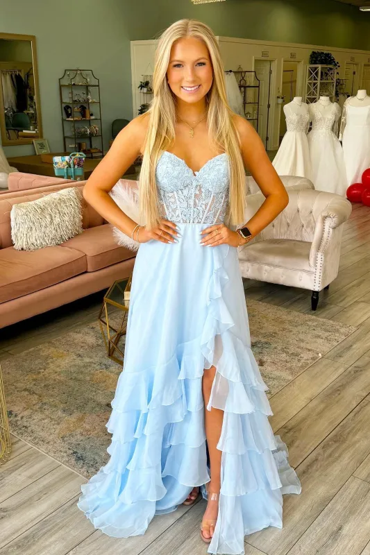 Sweetheart 2025 Ruffle Lace Prom Dress Blue Chiffon Appliques sold by My Chic Dress