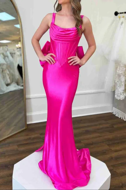 Long Fuchsia Formal Dress Straps Satin Mermaid with Bow sold by My Chic Dress