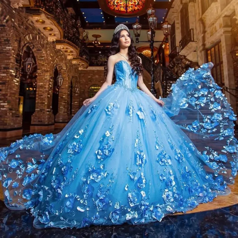 Cheap Blue Quinceanera Dresses Beaded Strapless with 3D Flowers sold by My Chic Dress