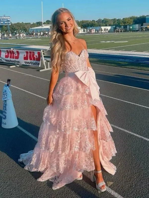 A Line Layered Pink Prom Dresses Lace V Neck with Bow sold by My Chic Dress