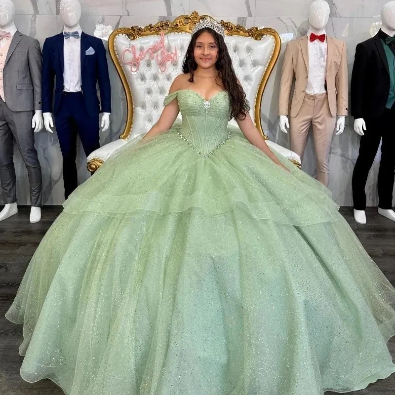 Princess Sage Green Corset Quinceanera Dress Off-Shoulder Big Bow sold by My Chic Dress