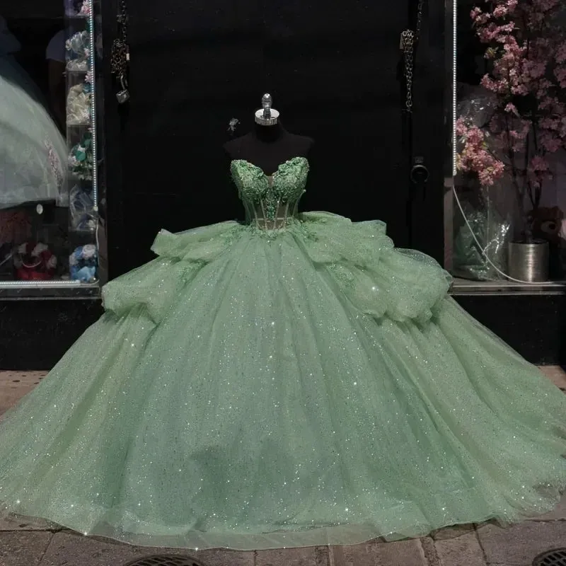 Tiered Corset Sage Green Quinceanera Dresses Off Shoulder Lace-Up sold by My Chic Dress product image thumbnail 2