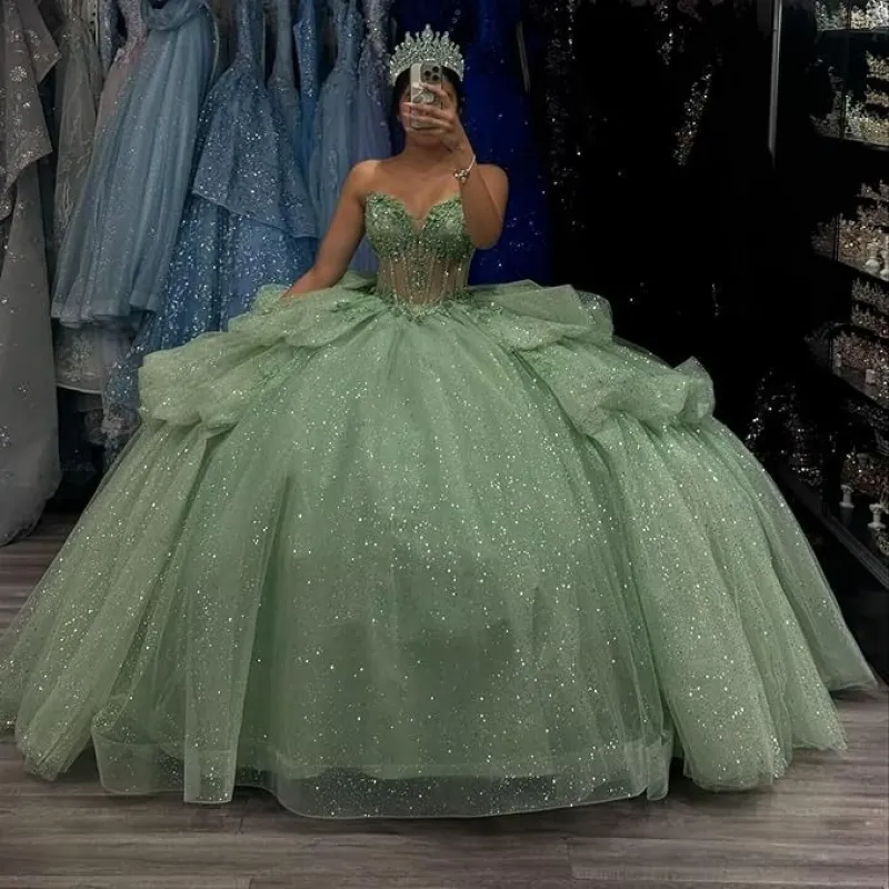 Tiered Corset Sage Green Quinceanera Dresses Off Shoulder Lace-Up sold by My Chic Dress
