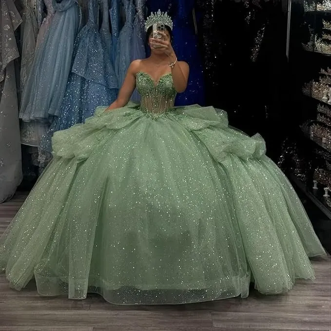 Tiered Corset Sage Green Quinceanera Dresses Off Shoulder Lace-Up sold by My Chic Dress