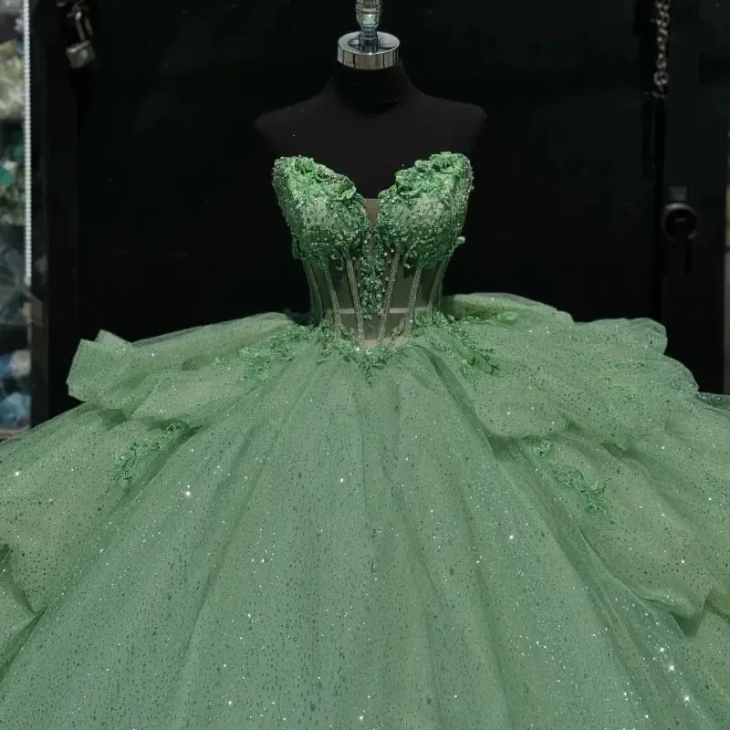 Tiered Corset Sage Green Quinceanera Dresses Off Shoulder Lace-Up sold by My Chic Dress product image thumbnail 3