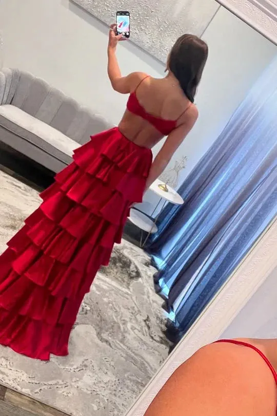 2025 Satin Red Layered Prom Formal Dress Spaghetti Straps V-Neck sold by My Chic Dress product image thumbnail 2