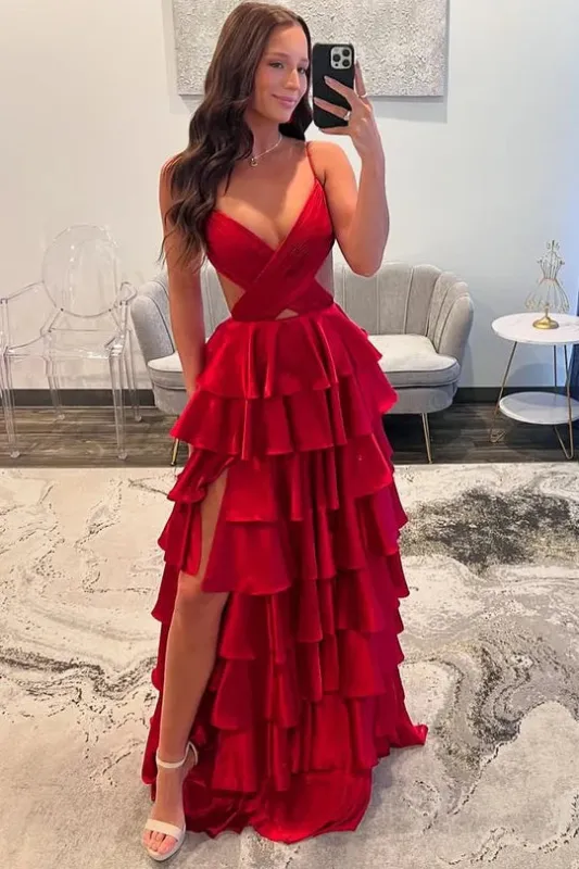 2025 Satin Red Layered Prom Formal Dress Spaghetti Straps V-Neck sold by My Chic Dress