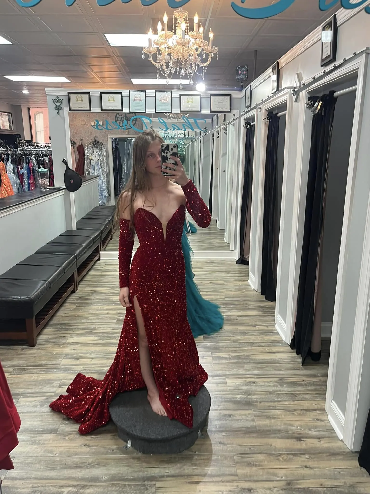 Strapless Deep V-Neck Velvet Sequin Prom Dress 2025 with sleeves High Slit sold by My Chic Dress product image thumbnail 3