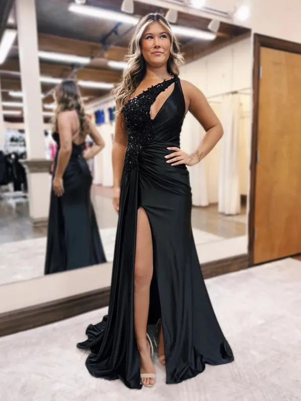 One Shoulder Black Prom Dresses 2025 Sequin Lace Beaded Evening Gowns sold by My Chic Dress