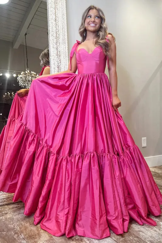 A-Line Hot Pink Prom Dress 2025 Satin Sweetheart with Bow Straps sold by My Chic Dress