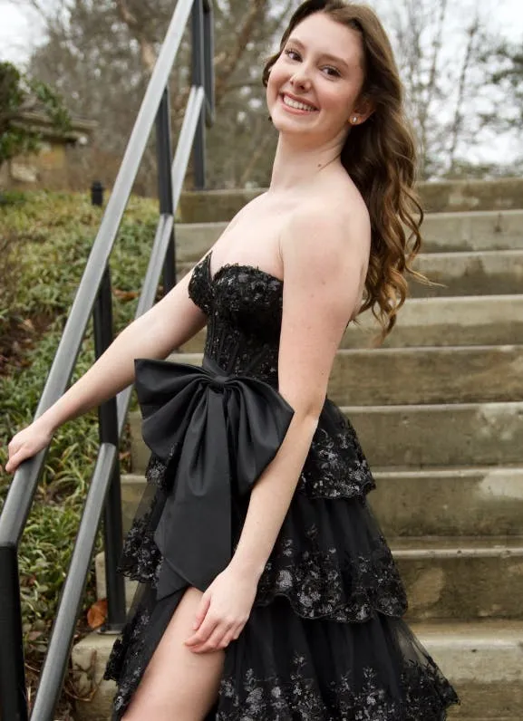 A-Line Strapless Black Tiered Prom Dress 2025 Lace Sequins Appliques sold by My Chic Dress product image thumbnail 5