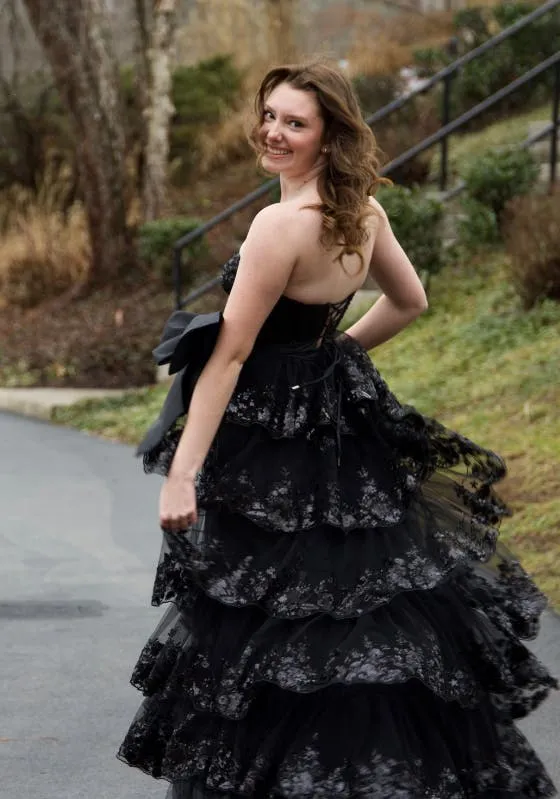 A-Line Strapless Black Tiered Prom Dress 2025 Lace Sequins Appliques sold by My Chic Dress product image thumbnail 2