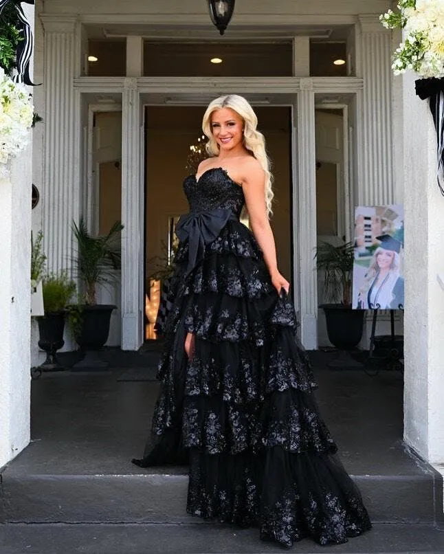 A-Line Strapless Black Tiered Prom Dress 2025 Lace Sequins Appliques sold by My Chic Dress product image thumbnail 4