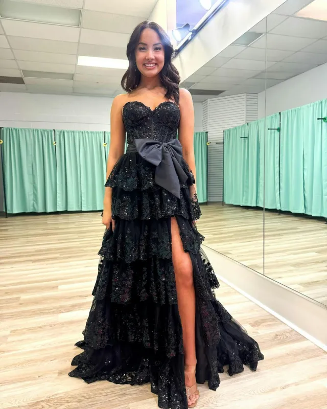 A-Line Strapless Black Tiered Prom Dress 2025 Lace Sequins Appliques sold by My Chic Dress